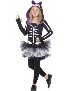 Skelly Cat Skeletten Meisjes Halloween Kostuum. Mooi Halloween kostuum met jurk met tutu rok en skeletten print en de bolero met hoody en skelettenprint.