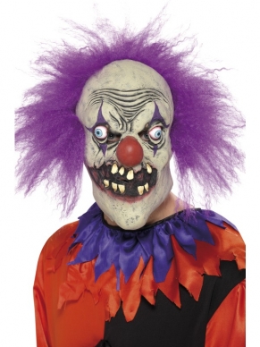 Evil Clown Horror Halloween Masker. Eng Latex Masker met Paars Haar. 