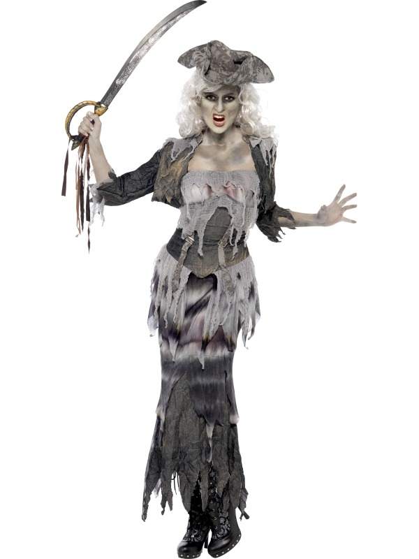 Ghost Ship Piraten Dames Halloween Horror Kostuum. Mooi compleet halloween kostuum met shirt, lange rok in verschillende lagen, het jasje en de piratenhoed.