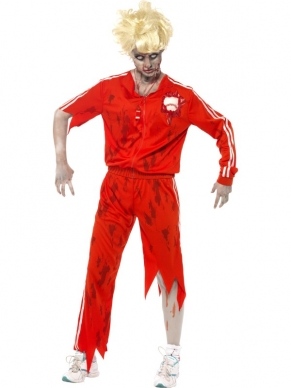 Zombie Sportlerares Dames Halloween Kostuum. Inbegrepen is het rode shirt met latex baseball en bloed, de gescheurde rode broek met bloed en het fluitje. Leuk voor Halloween en Zombie Walking Dead Feesten