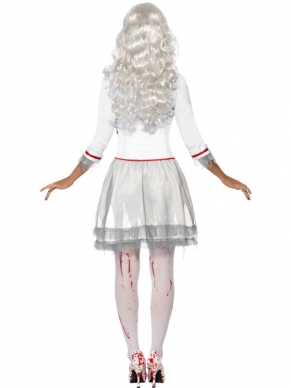 Fever Blood Drip Bruid Dames Halloween Kostuum. Inbegrepen is de witte jurk met korset met bloed strepen en druppels. Leuk voor Halloween of andere Horror themafeesten.