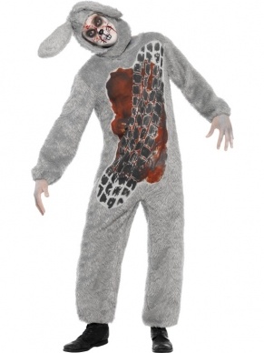 Doodgereden Konijn Horror Heren Halloween Kostuum. Inbegrepen is het konijnenpak met open buik en bandenspoor en het konijnenhoofd. Halloween schmink setjes verkopen we los. 