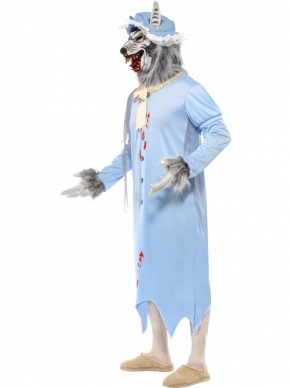 Grote Boze Wolf in Oma's Kleren Heren Kostuum. Inbegrepen is de lichtblauwe lange oma pyama, het latex wolven masker met slaapmuts en de latex wolven handen. Te gek Halloween Horror Kostuum.