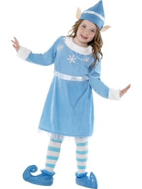 Sneeuwvlokje Elf Verkleedkleding. Schattig lichtblauw jurkje met lange mouwen en muts met oortjes. Verkrijgbaar in verschillende maten.