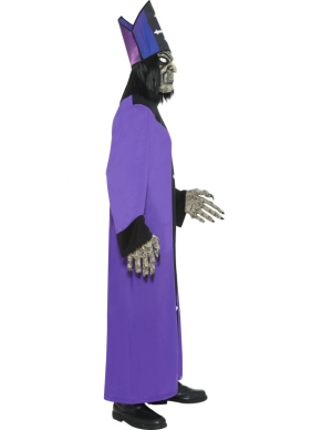 Horror Priester Halloween Heren Kostuum. Inbegrepen is het lange paarse/lila gewaad, het latex horror masker en latex horror handen en hoed met haar. Compleet halloween kostuum.