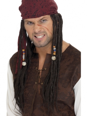 Piraten Pruik met Bruine Bandana en Vlechten dreads. Maakt je piraten outfit helemaal compleet. 