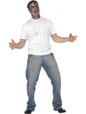 Mes in je Rug Wit Horror Halloween T-Shirt. Wit T-shirt met latex mes in de rug en bloedsporen. Alleen maar verkrijgbaar in maat Medium. 