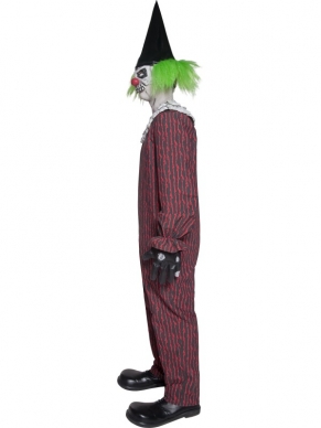 Compleet Horror Clown Kostuum. Cirque Sinister Gekke Clown Horror Kostuum. Inbegrepen is de rood zwarte jumpsuit, het enge clown masker, het hoedje met groen haar, de handschoenen en de witte kraag. Maak het plaatje af met schmink en extra nenbloed. We verkopen ook clown schoenen los. 