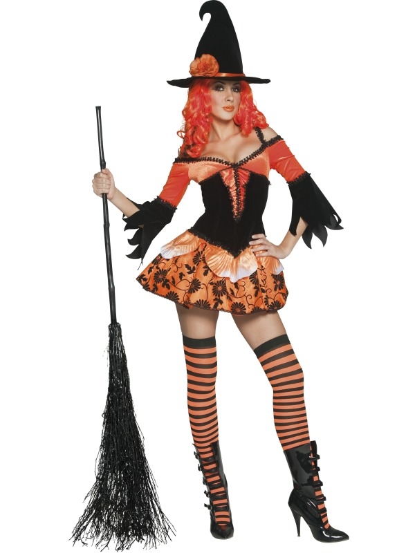 Tainted Garden Wicked Witch Oranje Zwarte Heksenkostuum, bestaande uit het Sexy zwart oranje heksenjurkje en de zwarte heksenhoed. De kousen, pruik en andere accessoires verkopen we los. 