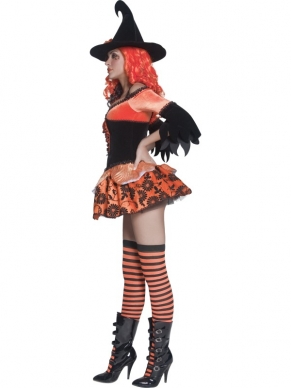 Tainted Garden Wicked Witch Oranje Zwarte Heksenkostuum, bestaande uit het Sexy zwart oranje heksenjurkje en de zwarte heksenhoed. De kousen, pruik en andere accessoires verkopen we los. 