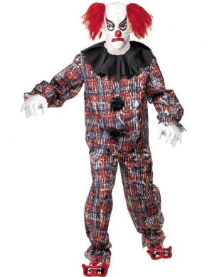 Scary Clown Enge Clown Horror Halloween Kostuum. Inbegrepen is het shirt, de broek, de schoenen, handschoenen en het clown masker met haar. Compleet kostuum en super eng voor halloween of andere horror feesten. 