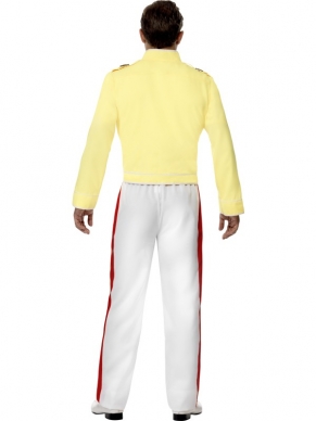 Rock Star Eddy Mercury Heren Verkleedkostuum. Inbegrepen is het gele jasje en de wit rood gestreepte broek. De accessories verkopen we los. Leuk voor Carnaval en Famous People Themafeesten. 