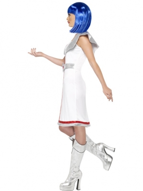Spacegirl Dames Carnaval Verkleedkostuum. Inbegrepen is de witte jurk met zilveren details en zilveren schouder stukken en de jurk. Leuk voor Carnaval en Andere Themafeesten. 