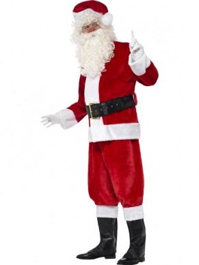 Deluxe Pluche Kerstman Kostuum 6-delig - compleet Kerstman kostuum, inclusief rood - witte jas, rode broek, kerstmuts, zwarte riem, witte handschoenen en zwarte boot covers. Wij verkopen verschillende accessoires met leuke kortingen!