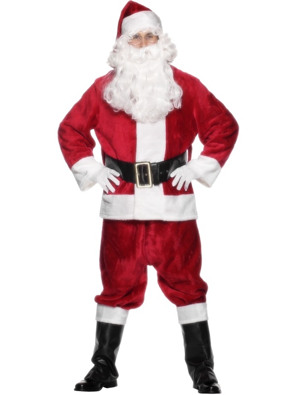 Pluche Kerstman Kostuum 6-delig - compleet Kerstman kostuum, inclusief rood - witte jas, rode broek, kerstmuts, zwarte riem, witte handschoenen en zwarte boot covers. Wij verkopen verschillende accessoires met leuke kortingen!