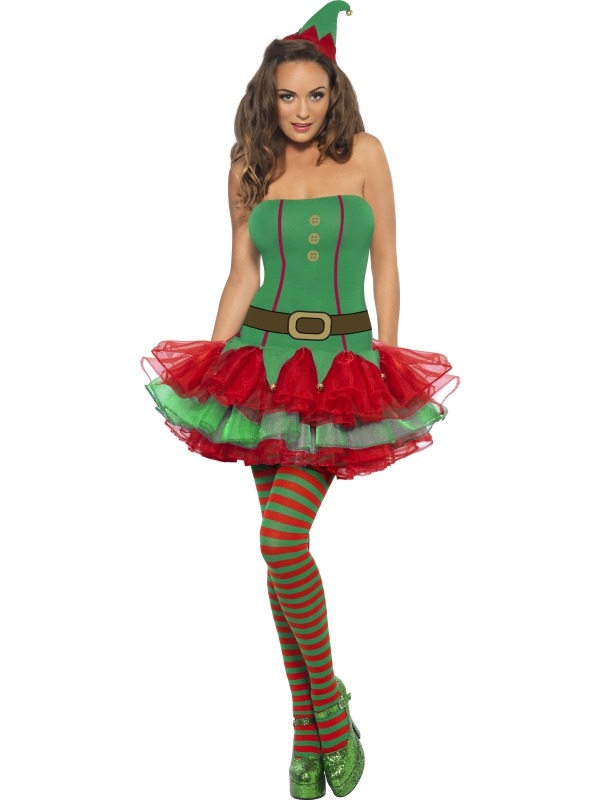 Fever Elf Kostuum - strapless groen jurkje tot boven de knie met rood - groene tutu rok, riem print en belletjes, inclusief bijpassend hoedje op haarband.