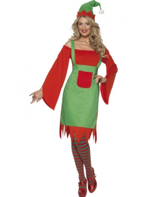 Cute Elf Dames Kostuum - rode jurk met blote schouders en lange uitlopende mouwen, groen schort en elfenmutsje.