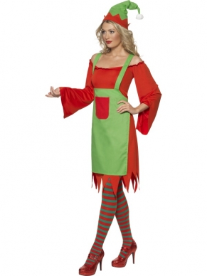 Cute Elf Dames Kostuum - rode jurk met blote schouders en lange uitlopende mouwen, groen schort en elfenmutsje.
