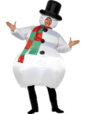 Opblaasbare Sneeuwpop Kostuum - sneeuwpop pak met ventilator (excl. batterijen), waardoor het pak opgeblazen wordt en blijft, inclusief hoed en sjaal.