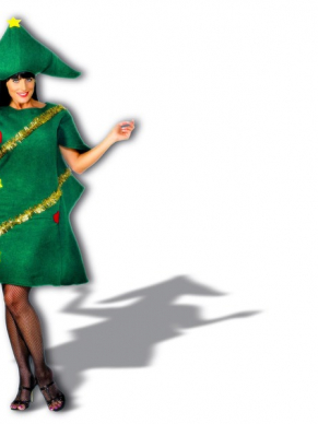 Kerstboom Dames Kostuum - kerstboom jurk met versiering en bijpassende hoed.