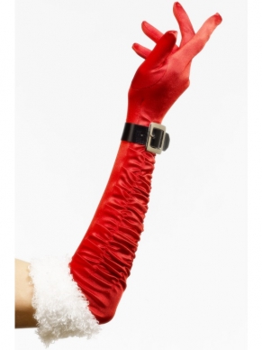 Rode Lange Kersthandschoenen met Riem en Bont - mooie kwaliteit handschoenen tot over de ellebogen. Leuk voor een Kerstfeest!