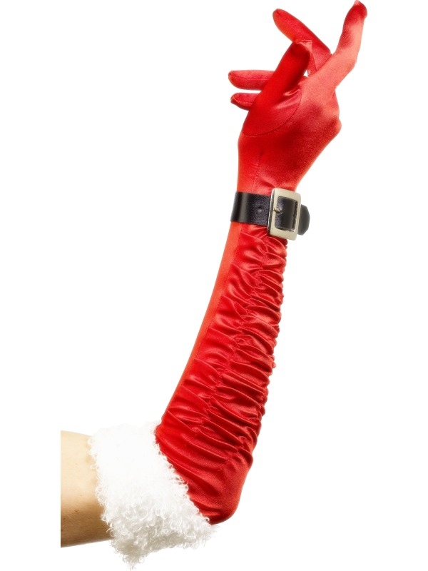 Rode Lange Kersthandschoenen met Riem en Bont - mooie kwaliteit handschoenen tot over de ellebogen. Leuk voor een Kerstfeest!