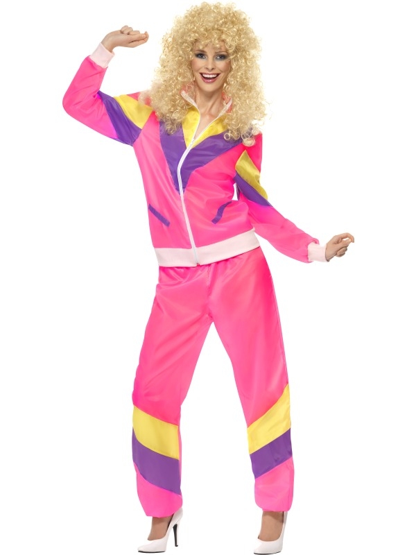 Back to the Eighties met dit geweldige 80's Height of Fashion Disco Dames Kostuum. Inbegrepen is het roze met paars en gele trainingskostuum, broek met jasje.