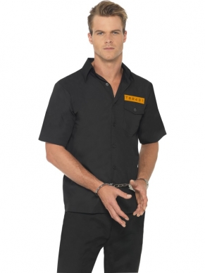 High Risk Prisoner Shirt Heren Kostuum. Zwart shirt met oranje geprinte cijfers op de voorkant en op de achterkant: Maximum Security High Risk Prisoner (en nummer). 