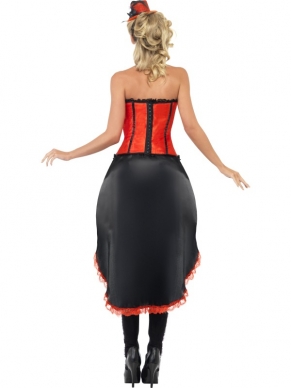 Burlesque Rood Dans Kostuum met rok en bovenstuk. Mooi zwart met rood kostuum. Rok voor korter dan achter en is voorzien van een rode rand.