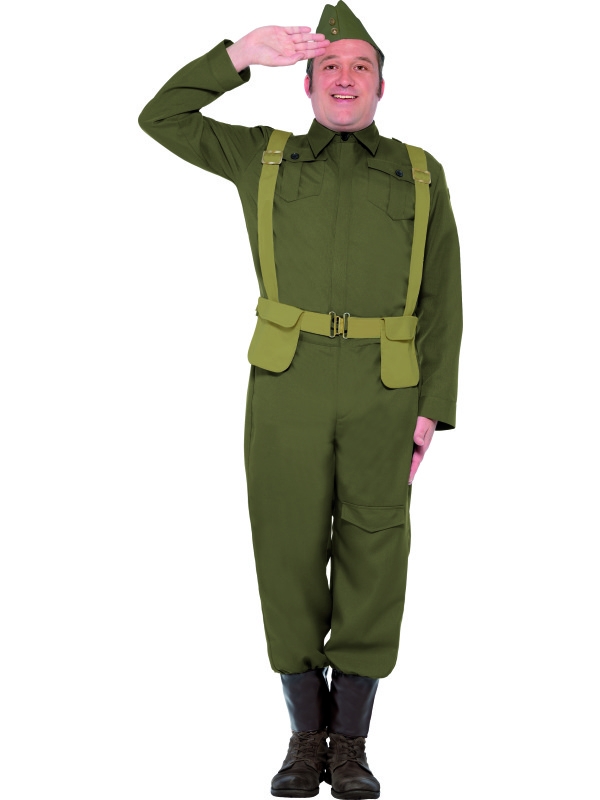 WW2 Home Guard Leger Heren Kostuum. Inbegrepen is de broek met leather look onderkant, het jasje, de hoed en de riem (harness belt). Compleet kostuum voor carnaval en andere themafeesten. 