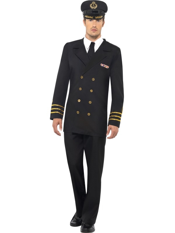 Navy Officier Heren Verkleedkostuum. Inbegrepen is het zwarte kostuum: de broek en het jasje met shirt en de hoed. Compleet kostuum. Leuk voor Carnaval en andere themafeesten. 