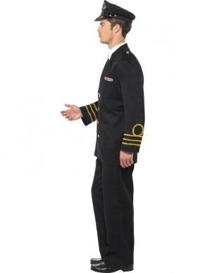 Navy Officier Heren Verkleedkostuum. Inbegrepen is het zwarte kostuum: de broek en het jasje met shirt en de hoed. Compleet kostuum. Leuk voor Carnaval en andere themafeesten. 