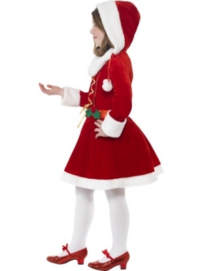 Little Miss Santa Kerstvrouw Kostuum - leuk rood jurkje met capuchon, wit (nep) bont, gouden veter en mistletoe.