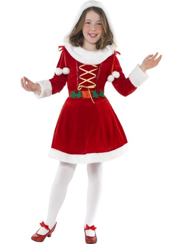 Little Miss Santa Kerstvrouw Kostuum - leuk rood jurkje met capuchon, wit (nep) bont, gouden veter en mistletoe.
