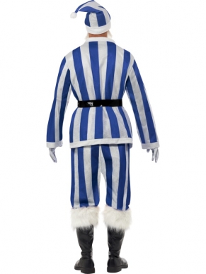 Supporters Kerstman Kerstkostuum met blauw witte strepen. Bij het vrij complete kostuum zit het jasje, jack, baard, muts, broek en riem. Het blauw met witte kostuum is te gebruiken voor een leuke kerstavond, voetbalwedstrijd of andere gelegenheid!