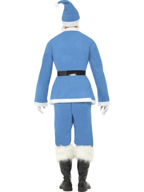 Supporters Kerstman Kerstkostuum in lichtblauw en wit. Bij het vrij complete kostuum zit het jasje, jack, baard, muts, broek en riem. Het blauw met witte kostuum is te gebruiken voor een leuke kerstavond, voetbalwedstrijd of andere gelegenheid!