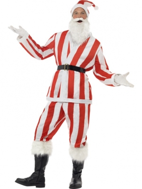Supporters Kerstman Kerstkostuum met wit en rode strepen. Bij het vrij complete kostuum zit het jasje, jack, baard, muts, broek en riem. Het rood met witte kostuum is te gebruiken voor een leuke kerstavond, voetbalwedstrijd of andere gelegenheid!