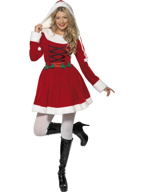 Miss Santa Kostuum met Muts - compleet Kerstvrouw kostuum, inclusief rood - witte jurk met capuchon, bont, zwarte veter en mistletoe.