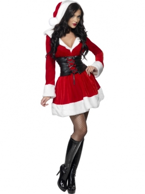 Fever Hooded Kerstvrouwen Kostuum - rood jurkje tot boven de knie met lange mouwen, wijd uitlopend rokje en witte bontrandjes, inclusief zwarte riem, bijpassende hoody.