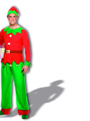 Santa's Helper Heren Kostuum - rode top met gouden knopen en riem, groene broek en elfenmutsje.