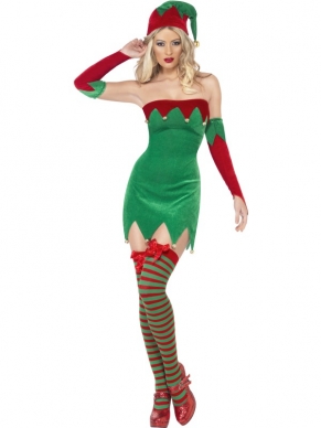 Sexy Elf Dames Kostuum - sexy strapless jurkje, bijpassende handschoenen en elfenmutsje. We verkopen de kousen apart in onze webshop.