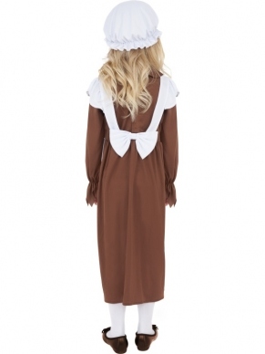 Arm Middeleeuws Meisje. Wit met bruine jurk met muts. Verkrijgbaar in verschillende maten.