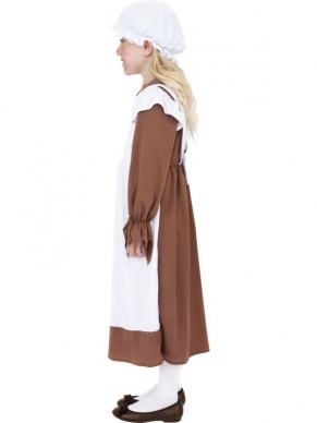 Arm Middeleeuws Meisje. Wit met bruine jurk met muts. Verkrijgbaar in verschillende maten.
