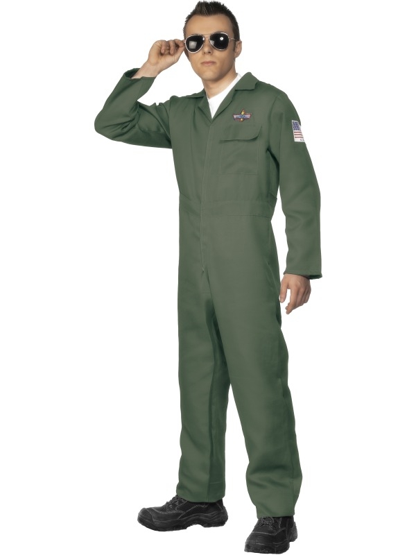 Aviator Piloten Heren Kostuum. Inbegrepen is de groene jumpsuit met vlaggen en emblemen. Met rits aan de voorkant. Leuk voor Carnaval of andere themafeesten. 