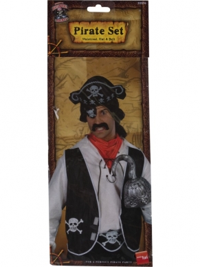 Piraten Heren 3- Delig Verkleedsetje. Leuk voor een piraten themafeest of carnaval. Inbegrepen is de zwarte piratenhoed, spencer en de riem met doodskop print. Snel en voordelig klaar voor je piratenfeest. 