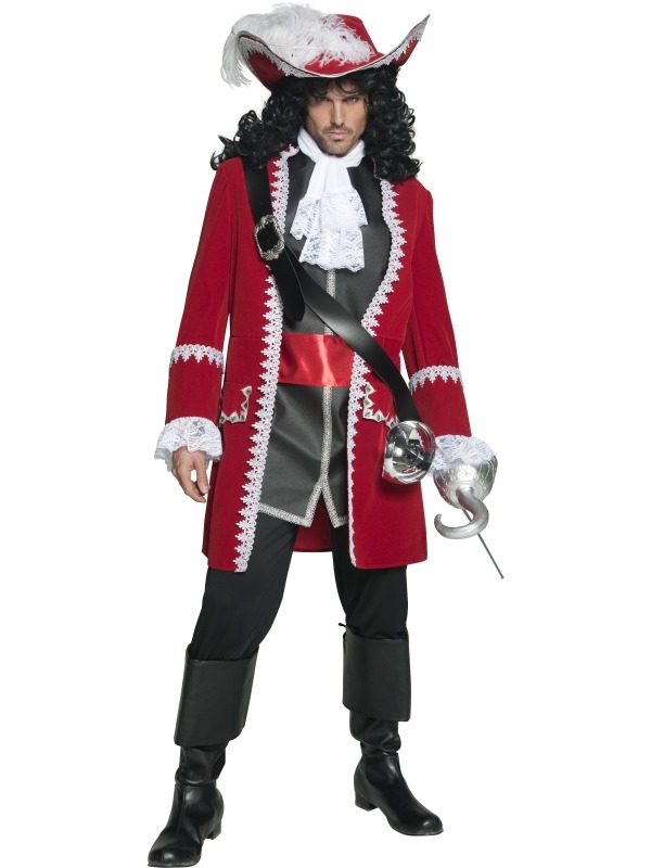 Exclusief Piraten Kapitein Kostuum in Rood met riem, das en broek. Mooi rood piratenkostuum waarvan de piratenhoed en eventueel accessoires tegen korting apart te bestellen zijn.