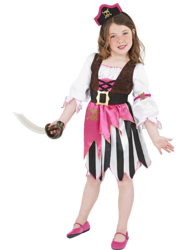 Roze Piraten Verkleedkleding voor Meisjes. Leuke roze / zwarte piraten jurk met gouden doodshoofd, met riem en piratenhoedje op diadeem.