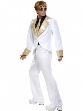 Groovy Disco 1970s Rocket Man Dans Heren Kostuum. Inbgrepen is de witte broek met bijpassend wit jasje met goudkleurige glitter kraag en mouwen, voorkant van het shirt en de gouden stropdas. Leuk voor Seventies Disco Themafeesten en Carnaval. 