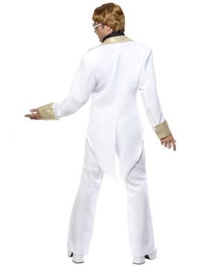Groovy Disco 1970s Rocket Man Dans Heren Kostuum. Inbgrepen is de witte broek met bijpassend wit jasje met goudkleurige glitter kraag en mouwen, voorkant van het shirt en de gouden stropdas. Leuk voor Seventies Disco Themafeesten en Carnaval. 