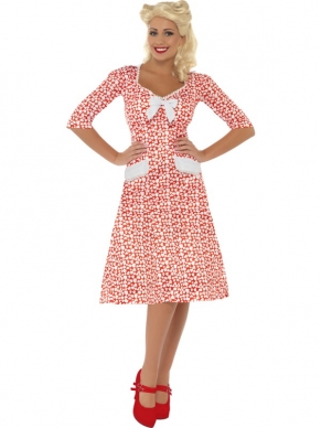 WW2 Sweetheart 1940's Dames Verkleedkostuum. Inbegrepen is de rode jurk met hartjes en witte strik. De pruik verkopen we los. Leuk voor Carnaval.